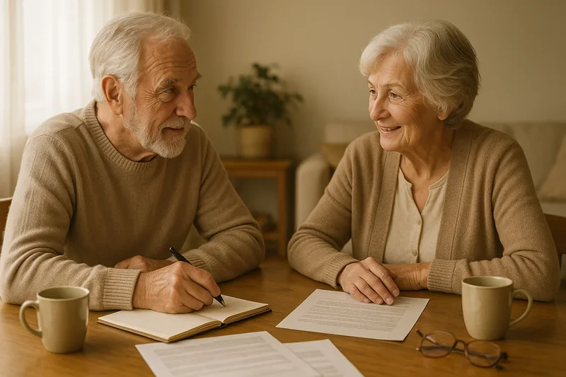 Couple de seniors qui discutent de leurs projets pour la retraite autour d'une table