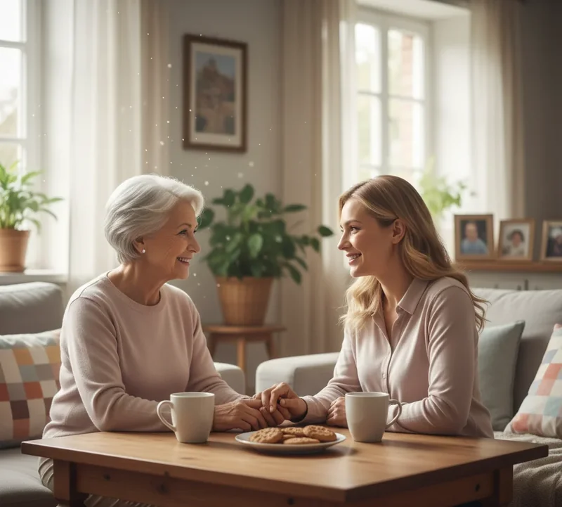 Discussion bienveillante entre un parent âgé et son enfant adulte