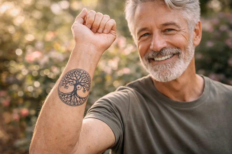 Senior souriant montrant un tatouage symbolique et personnel