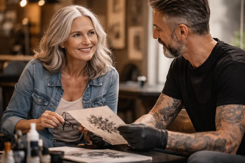 Senior échangeant avec un tatoueur avant de se faire tatouer