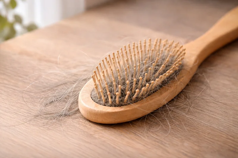 Brosse à cheveux avec cheveux gris illustrant la transition vers le naturel