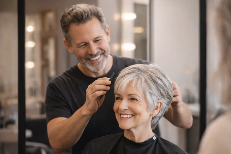 Coiffeur ajustant une coupe pour sublimer des cheveux gris