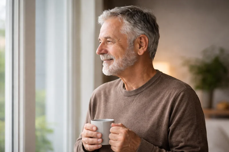 Homme senior aux cheveux poivre et sel dans un intérieur lumineux