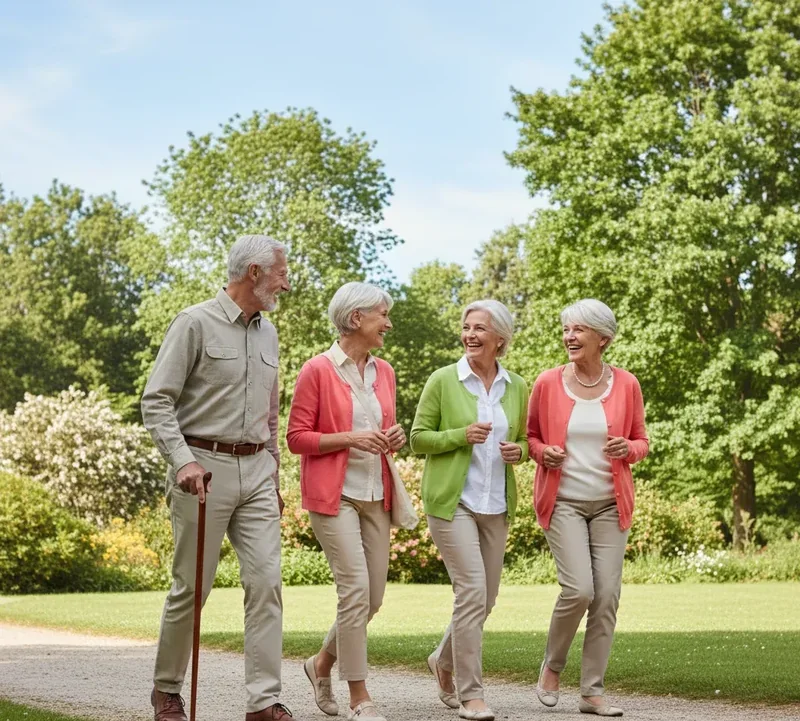 Personne senior qui marche dans un parc pour reprendre une activité physique après une prise en charge de l'obésité