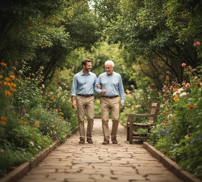Promenade dans le jardin d'une maison de retraite pour une activité douce