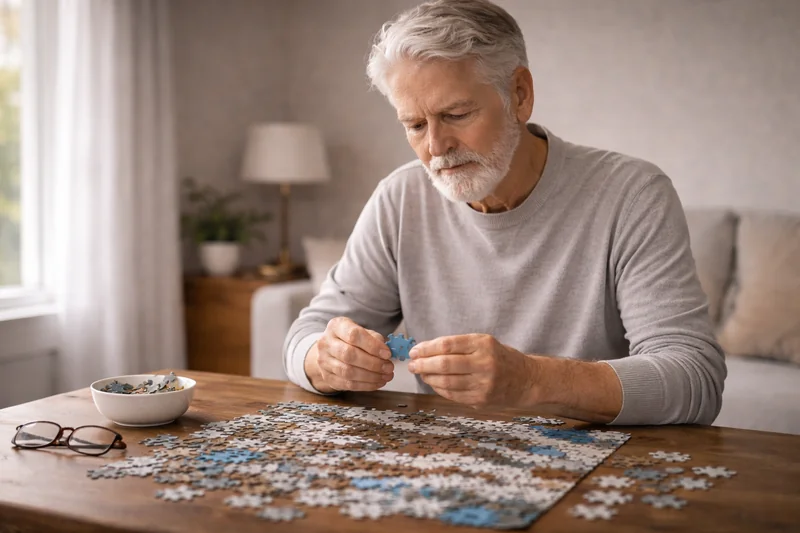 Senior réalisant un puzzle pour s'amuser et stimuler la mémoire