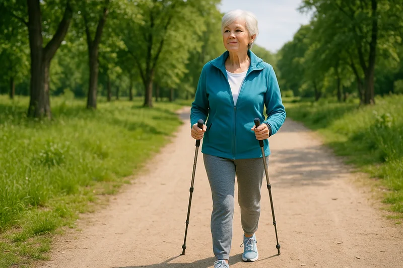 Personne âgée pratiquant la marche dans la nature pour entretenir sa santé