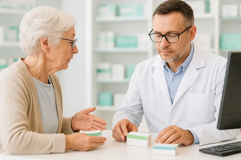 Senior chez le pharmacien pour faire le point sur ses médicaments et le risque de chute