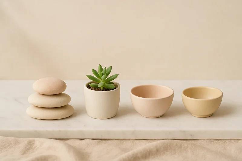 Tasses alignées avec une décoration minimaliste évoquant le calme