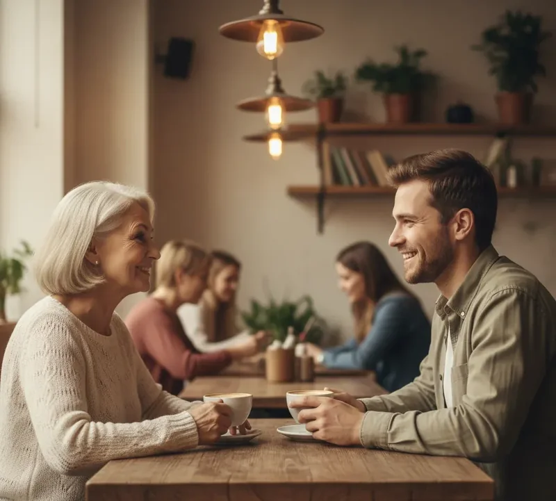Femme senior discutant avec un homme plus jeune dans un café