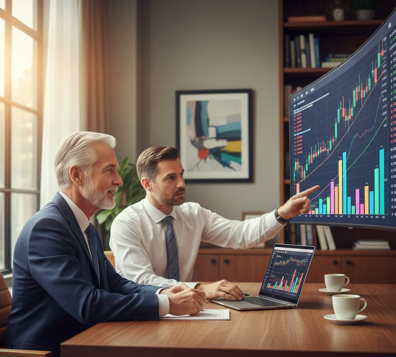 Senior échangeant avec un conseiller sur sa stratégie d investissement