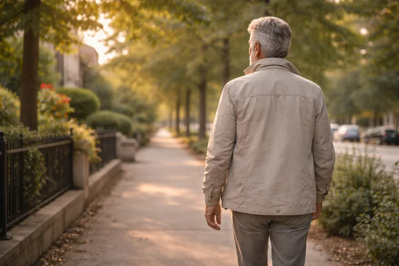 Senior marchant seul en extérieur, symbole de prise de recul
