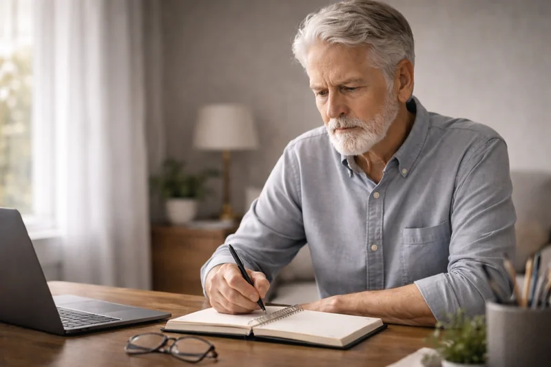 Senior notant ses pensées pour mieux comprendre son état d'esprit