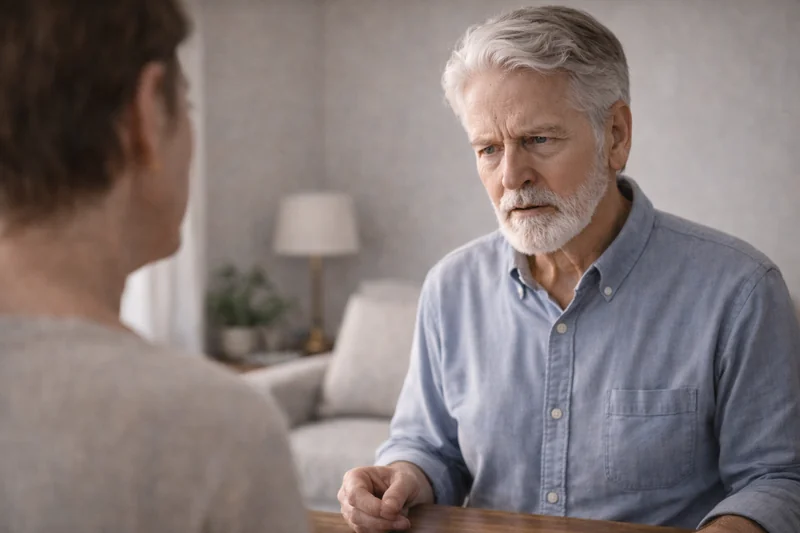 Senior affichant une expression grincheuse dans une situation quotidienne