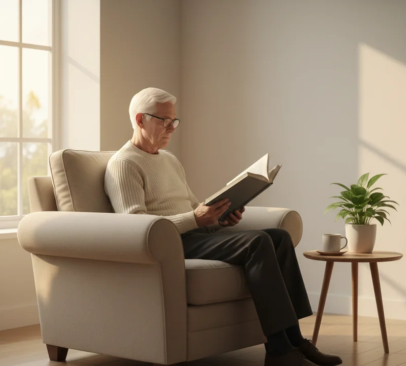 Personne âgée lisant paisiblement dans un salon désencombré et lumineux