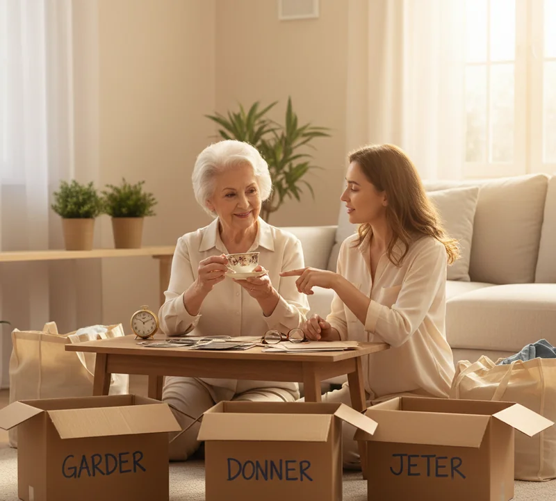 Senior et proche triant des objets dans des boîtes pour garder, donner ou jeter