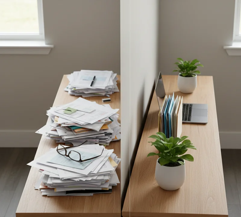 Comparaison entre un coin encombré de papiers et le même espace rangé et épuré