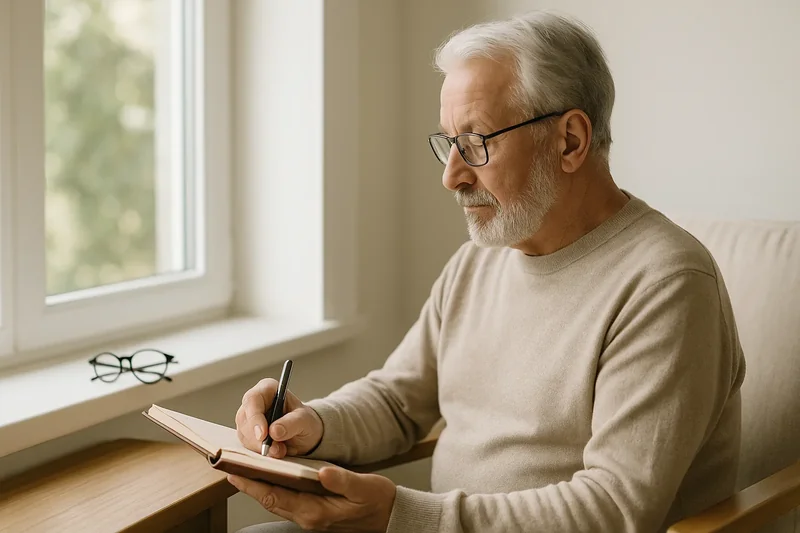 Senior en train d'écrire une lettre à son moi futur sur une table en bois