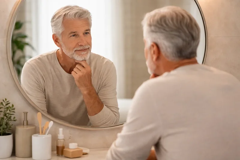 Homme senior réfléchissant à sa perte de cheveux devant un miroir
