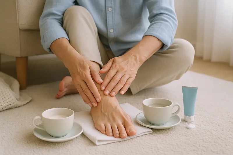 Personne âgée prenant soin de ses pieds avec douceur à la maison