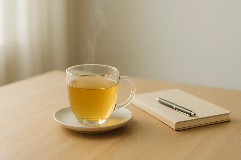 Tasse de tisane et carnet sur une table dans une ambiance calme