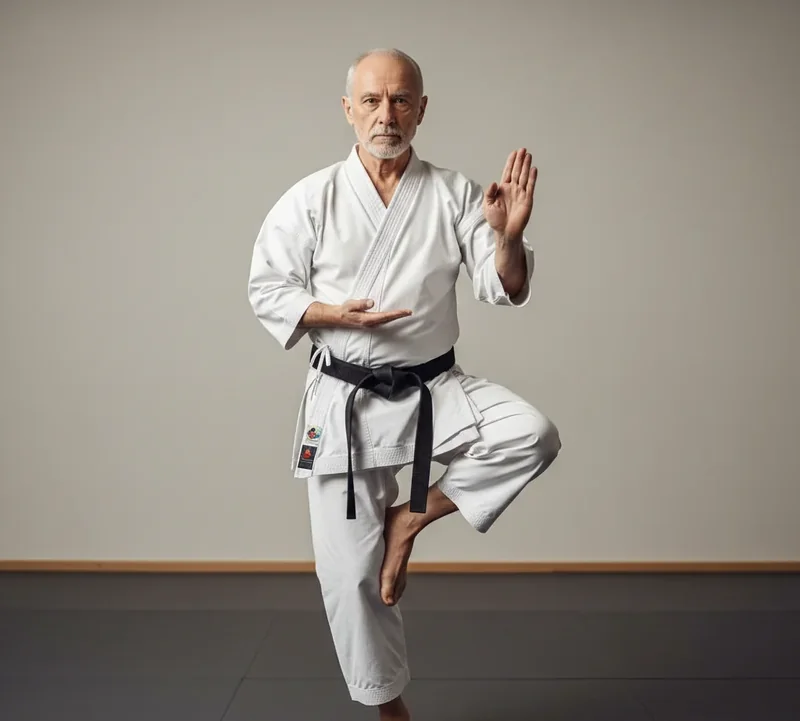 Karatéka en kimono pratiquant un exercice d'équilibre
