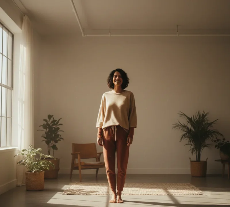 Personne seule se sentant autonome et heureuse dans son logement